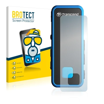 Vorderseite einer Produktverpackung mit dem Markenlogo BROTECT. Daneben ist das Gerät Transcend MP350 mit dem zugehörigen Disp