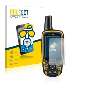 Vorderseite einer Produktverpackung mit dem Markenlogo BROTECT. Daneben ist das Gerät Garmin GPSMAP 64 mit dem zugehörigen Dis