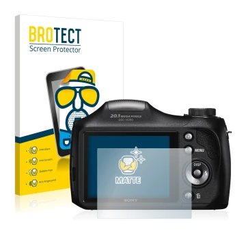Vorderseite einer Produktverpackung mit dem Markenlogo BROTECT. Daneben ist das Gerät Sony Cyber-Shot DSC-H300 mit dem zugehör