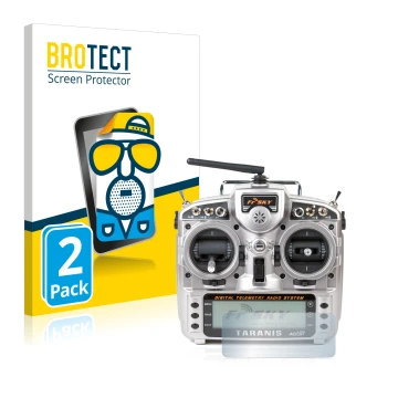 Vorderseite einer Produktverpackung mit dem Markenlogo BROTECT. Daneben ist das Gerät FrSky Taranis X9D mit dem zugehörigen Di