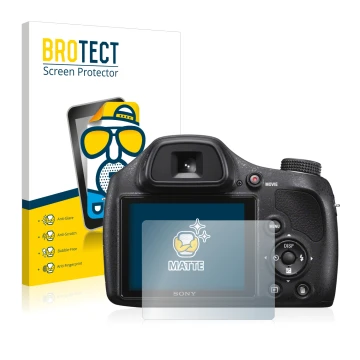 Vorderseite einer Produktverpackung mit dem Markenlogo BROTECT. Daneben ist das Gerät Sony Cyber-Shot DSC-H400 mit dem zugehör