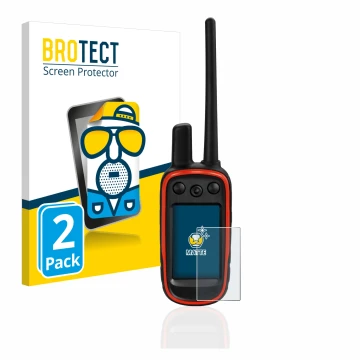 Vorderseite einer Produktverpackung mit dem Markenlogo BROTECT. Daneben ist das Gerät Garmin Alpha 100 mit dem zugehörigen Dis