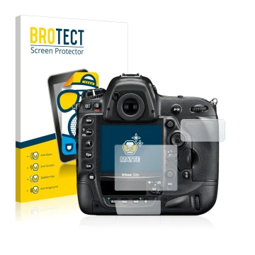 Vorderseite einer Produktverpackung mit dem Markenlogo BROTECT. Daneben ist das Gerät Nikon D4S mit dem zugehörigen Displaysch