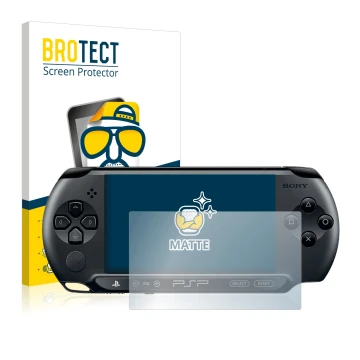 Vorderseite einer Produktverpackung mit dem Markenlogo BROTECT. Daneben ist das Gerät Sony PSP 2000 mit dem zugehörigen Displa