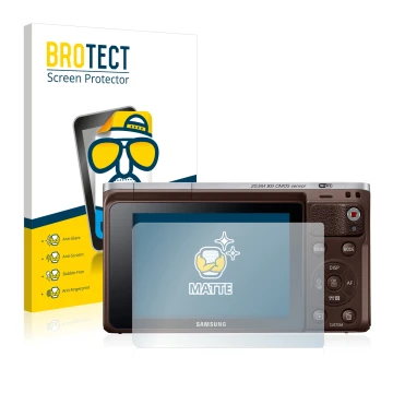 Vorderseite einer Produktverpackung mit dem Markenlogo BROTECT. Daneben ist das Gerät Samsung NX Mini mit dem zugehörigen Disp