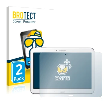 Vorderseite einer Produktverpackung mit dem Markenlogo BROTECT. Daneben ist das Gerät Samsung Galaxy Tab 4 10.1 SM-T530 mit de