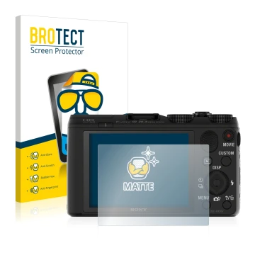 Vorderseite einer Produktverpackung mit dem Markenlogo BROTECT. Daneben ist das Gerät Sony Cyber-Shot DSC-HX50 mit dem zugehör