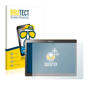 Vorderseite einer Produktverpackung mit dem Markenlogo BROTECT. Daneben ist das Gerät Samsung Galaxy Tab S 10.5 SM-T800 mit de