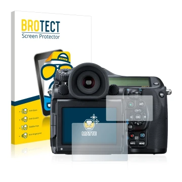 Vorderseite einer Produktverpackung mit dem Markenlogo BROTECT. Daneben ist das Gerät Pentax 645Z mit dem zugehörigen Displays