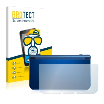 Vorderseite einer Produktverpackung mit dem Markenlogo BROTECT. Daneben ist das Gerät Nintendo New 3DS XL (Gehäuse) mit dem zu