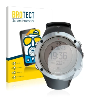 Vorderseite einer Produktverpackung mit dem Markenlogo BROTECT. Daneben ist das Gerät Suunto Ambit3 Peak Sapphire mit dem zuge
