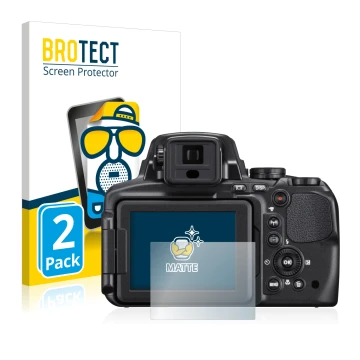 Vorderseite einer Produktverpackung mit dem Markenlogo BROTECT. Daneben ist das Gerät Nikon Coolpix P900 mit dem zugehörigen D