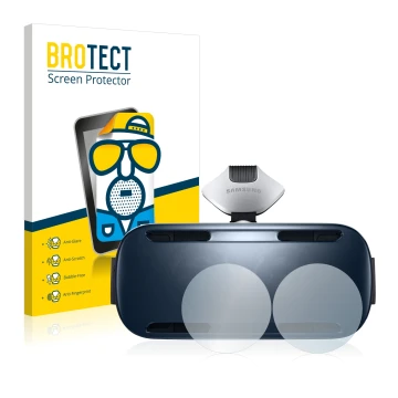 Vorderseite einer Produktverpackung mit dem Markenlogo BROTECT. Daneben ist das Gerät Samsung Gear VR mit dem zugehörigen Disp