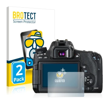 Vorderseite einer Produktverpackung mit dem Markenlogo BROTECT. Daneben ist das Gerät Canon EOS 760D mit dem zugehörigen Displ