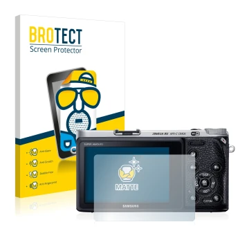 Vorderseite einer Produktverpackung mit dem Markenlogo BROTECT. Daneben ist das Gerät Samsung NX500 mit dem zugehörigen Displa