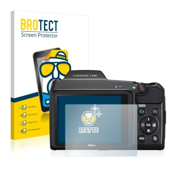 Vorderseite einer Produktverpackung mit dem Markenlogo BROTECT. Daneben ist das Gerät Nikon Coolpix L840 mit dem zugehörigen D
