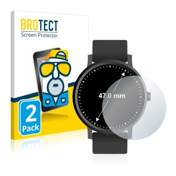 Vorderseite einer Produktverpackung mit dem Markenlogo BROTECT. Daneben ist das Gerät Armbanduhren (Kreisrund, ø: 47 mm) mit d