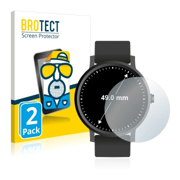 Vorderseite einer Produktverpackung mit dem Markenlogo BROTECT. Daneben ist das Gerät Armbanduhren (Kreisrund, ø: 49 mm) mit d