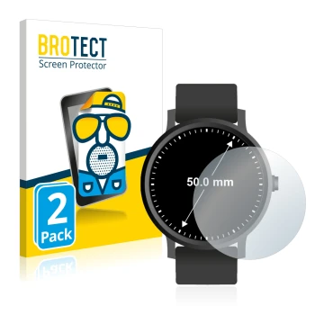 Vorderseite einer Produktverpackung mit dem Markenlogo BROTECT. Daneben ist das Gerät Armbanduhren (Kreisrund, ø: 50 mm) mit d