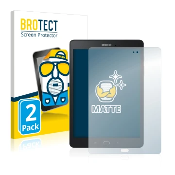 Vorderseite einer Produktverpackung mit dem Markenlogo BROTECT. Daneben ist das Gerät Samsung Galaxy Tab A 9.7 mit dem zugehör