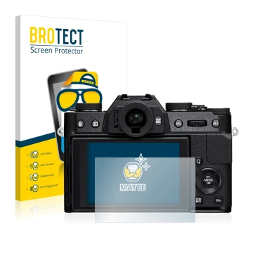 Vorderseite einer Produktverpackung mit dem Markenlogo BROTECT. Daneben ist das Gerät Fujifilm X-T10 mit dem zugehörigen Displ