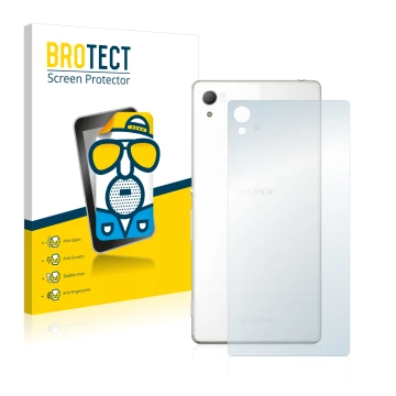 Vorderseite einer Produktverpackung mit dem Markenlogo BROTECT. Daneben ist das Gerät Sony Xperia Z4 (Rückseite) mit dem zugeh