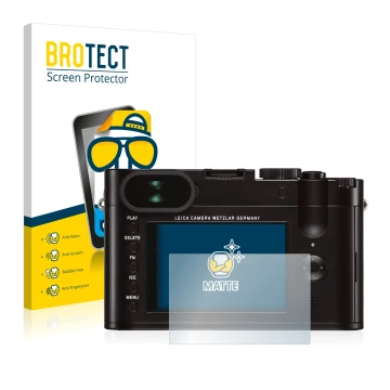 Vorderseite einer Produktverpackung mit dem Markenlogo BROTECT. Daneben ist das Gerät Leica Q (Typ 116) mit dem zugehörigen Di