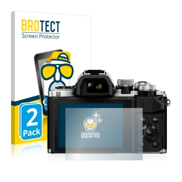 Vorderseite einer Produktverpackung mit dem Markenlogo BROTECT. Daneben ist das Gerät Olympus OM-D E-M10 Mark II mit dem zugeh
