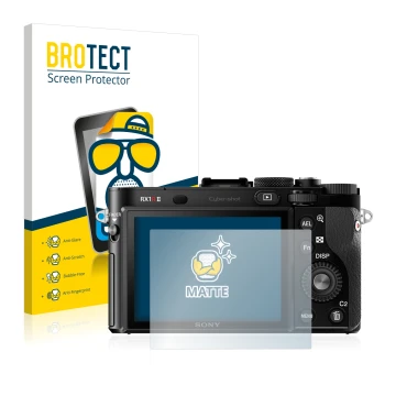 Vorderseite einer Produktverpackung mit dem Markenlogo BROTECT. Daneben ist das Gerät Sony Cyber-Shot DSC-RX1R II mit dem zuge