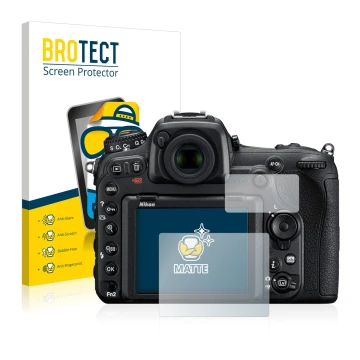 Vorderseite einer Produktverpackung mit dem Markenlogo BROTECT. Daneben ist das Gerät Nikon D500 mit dem zugehörigen Displaysc