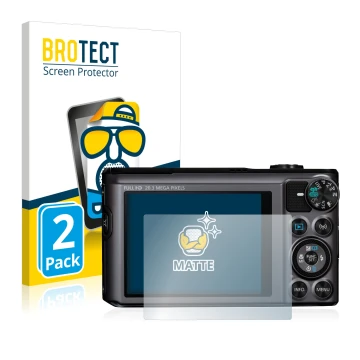 Vorderseite einer Produktverpackung mit dem Markenlogo BROTECT. Daneben ist das Gerät Canon PowerShot SX720 HS mit dem zugehör