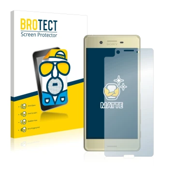Vorderseite einer Produktverpackung mit dem Markenlogo BROTECT. Daneben ist das Gerät Sony Xperia X mit dem zugehörigen Displa