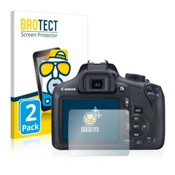 Vorderseite einer Produktverpackung mit dem Markenlogo BROTECT. Daneben ist das Gerät Canon EOS 1300D mit dem zugehörigen Disp