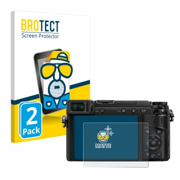 Vorderseite einer Produktverpackung mit dem Markenlogo BROTECT. Daneben ist das Gerät Panasonic Lumix DMC-GX80 mit dem zugehör