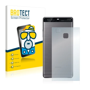 Vorderseite einer Produktverpackung mit dem Markenlogo BROTECT. Daneben ist das Gerät Huawei P9 Plus (Rückseite) mit dem zugeh