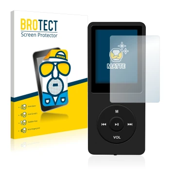 Vorderseite einer Produktverpackung mit dem Markenlogo BROTECT. Daneben ist das Gerät AGPtek 8GB MP3-Player mit dem zugehörige
