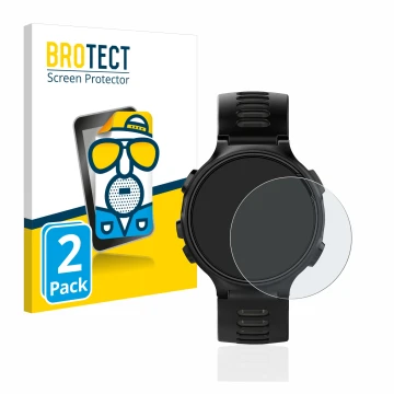 Vorderseite einer Produktverpackung mit dem Markenlogo BROTECT. Daneben ist das Gerät Garmin Forerunner 735XT mit dem zugehöri