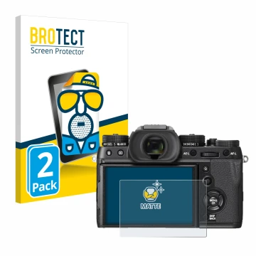 Vorderseite einer Produktverpackung mit dem Markenlogo BROTECT. Daneben ist das Gerät Fujifilm X-T2 mit dem zugehörigen Displa