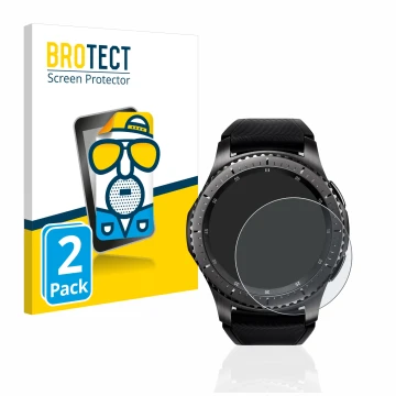 Vorderseite einer Produktverpackung mit dem Markenlogo BROTECT. Daneben ist das Gerät Samsung Gear S3 Frontier mit dem zugehör