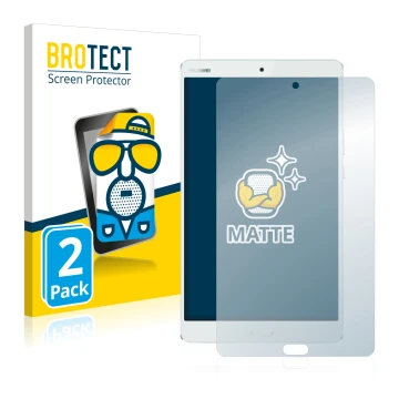 Vorderseite einer Produktverpackung mit dem Markenlogo BROTECT. Daneben ist das Gerät Huawei MediaPad M3 8.4 mit dem zugehörig