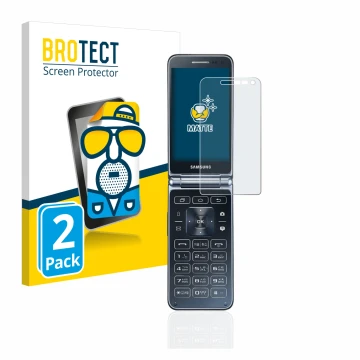 Vorderseite einer Produktverpackung mit dem Markenlogo BROTECT. Daneben ist das Gerät Samsung Galaxy Folder 2 mit dem zugehöri