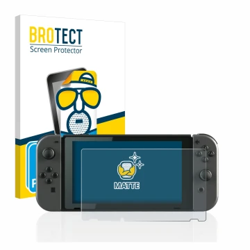 Vorderseite einer Produktverpackung mit dem Markenlogo BROTECT. Daneben ist das Gerät Nintendo Switch mit dem zugehörigen Disp