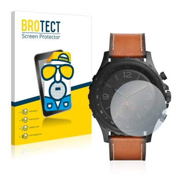 Vorderseite einer Produktverpackung mit dem Markenlogo BROTECT. Daneben ist das Gerät Fossil Q Nate mit dem zugehörigen Displa