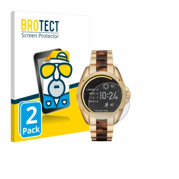 Vorderseite einer Produktverpackung mit dem Markenlogo BROTECT. Daneben ist das Gerät Michael Kors Access Bradshaw mit dem zug