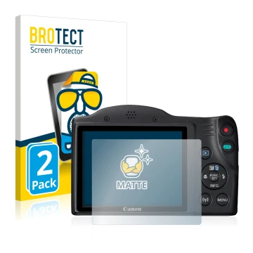 Vorderseite einer Produktverpackung mit dem Markenlogo BROTECT. Daneben ist das Gerät Canon PowerShot SX430 IS mit dem zugehör