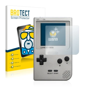 Vorderseite einer Produktverpackung mit dem Markenlogo BROTECT. Daneben ist das Gerät Nintendo Gameboy Pocket mit dem zugehöri