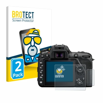 Vorderseite einer Produktverpackung mit dem Markenlogo BROTECT. Daneben ist das Gerät Nikon D7500 mit dem zugehörigen Displays