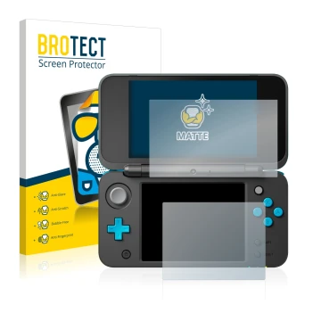 Vorderseite einer Produktverpackung mit dem Markenlogo BROTECT. Daneben ist das Gerät Nintendo 2DS XL mit dem zugehörigen Disp