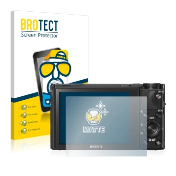 Vorderseite einer Produktverpackung mit dem Markenlogo BROTECT. Daneben ist das Gerät Sony Cyber-Shot DSC-RX100 V mit dem zuge