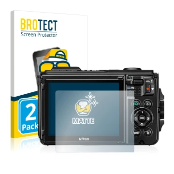 Vorderseite einer Produktverpackung mit dem Markenlogo BROTECT. Daneben ist das Gerät Nikon Coolpix W300 mit dem zugehörigen D